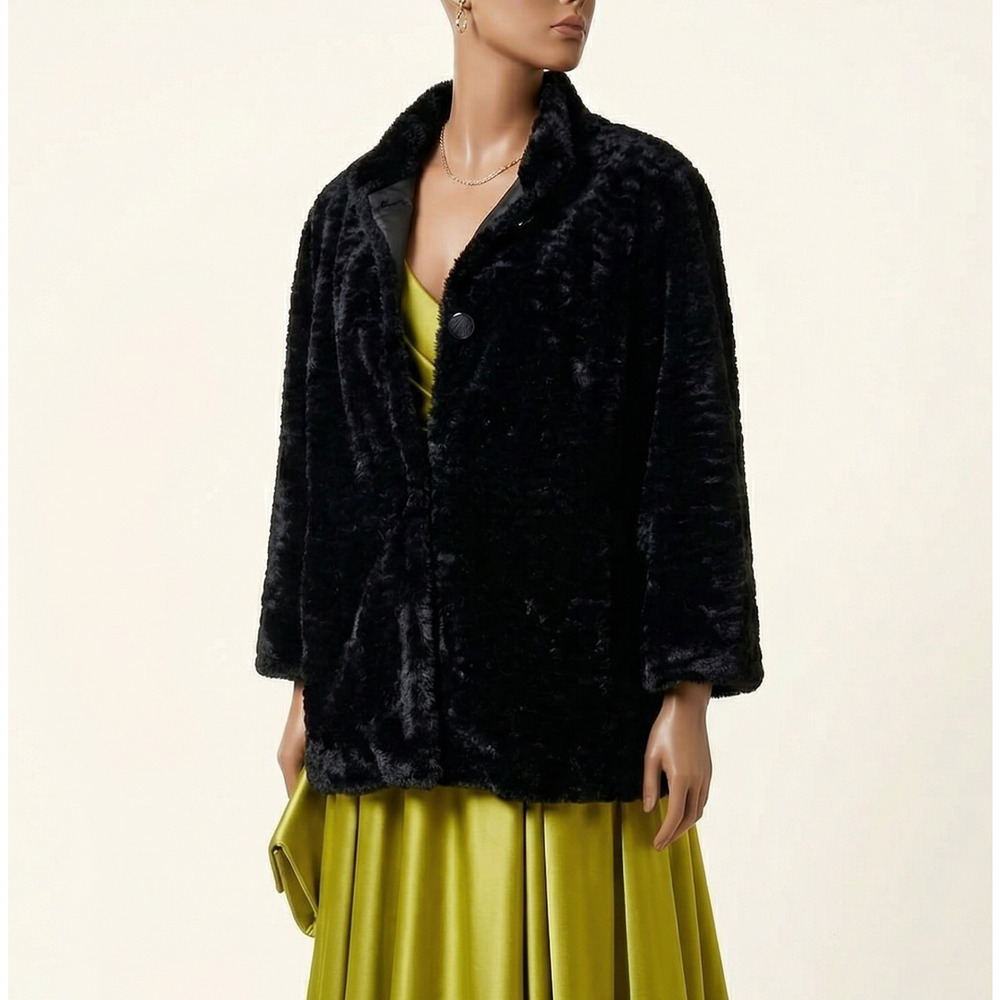Alfred Dunner Faux Fur Coat 18 | Black Sculpted Plush Evening Jacket | Plus Size